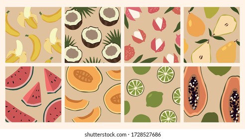 Trendy set of summer tropical fruit backgrounds. Minimalistic concept. Pastel shades. Vector print for colorful summer fabric or wallpaper