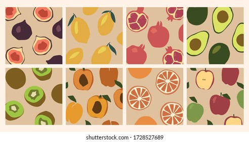 Trendy set of summer tropical fruit backgrounds. Minimalistic concept. Pastel shades. Vector print for colorful summer fabric or wallpaper.