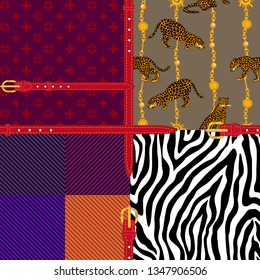 Trendy set of textile patches. Four seamless patterns and red leather belts. Checkered plaid, scarf with golden chains and leopards, zebra print and geometric ornament.