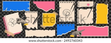 Trendy set of torn paper with torn edges, notebook sheets, newspapers. Hand, pen, pencil elements in halftones for college. Vector.
