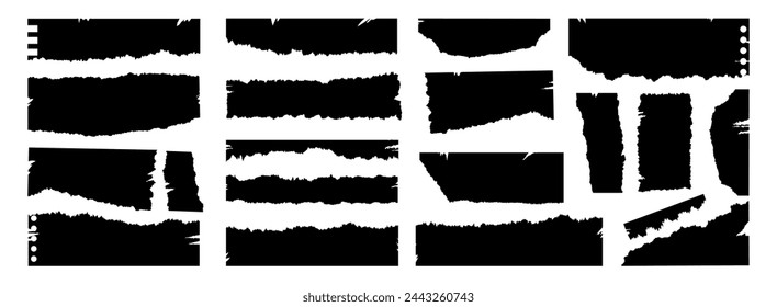 Trendy set of torn paper with scratches. A collection of grunge style frames for stickers, collages, banners. Vector illustration.