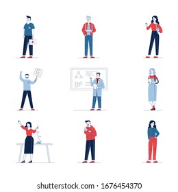 Trendy set of various cartoon people. Flat vector illustrations of man and woman standing, smoking and teaching. Activity and lifestyle concept for banner, website design or landing web page