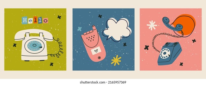 Trendy set of various vintage telephones. Hand-drawn colourful wire and cell phones. Flat vector illustration with retro gadgets. Isolated dial telephone, wireless telephone, handset, desk phone.