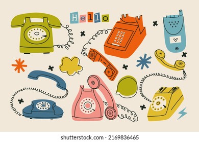 A trendy set of various vintage telephones. Hand-drawn colourful wire and cell phones. Flat vector illustration with retro gadgets. Isolated dial telephone, wireless telephone, phone systems, handset.