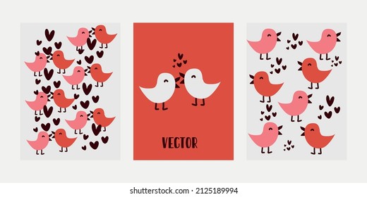 Trendy set of vector card template with pattern and birds. Illustration with pink and coral color