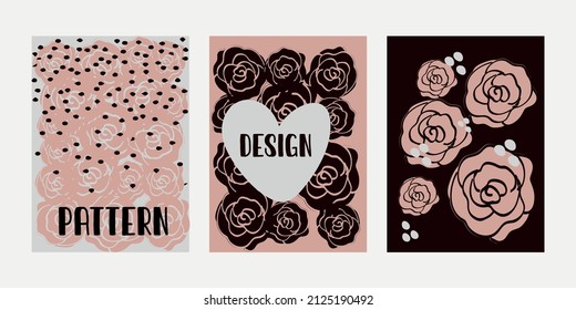 Trendy set of vector card template with roses. Illustration with black and pink color