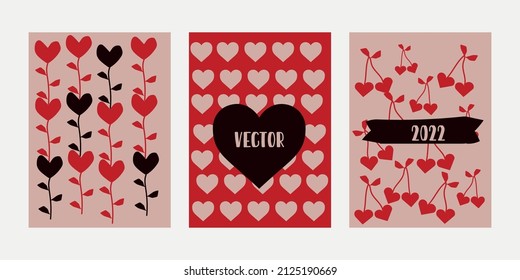 Trendy set of vector card template with pattern and heart elements. Illustration with red and pink color