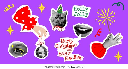 Conjunto de moda de Elementos de Navidades vintage. Collage retro con estilo y efecto semitono. Hora de la fiesta. Año Nuevo. Ilustración vectorial.