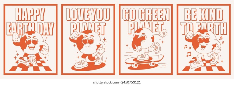 Trendy set of vintage Posters of the earth character. The concept of save the planet in the style of the 80s-90s. Vector illustration in monochrome red palette.