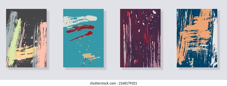 Trendy set of watercolor bright abstract hand painted illustrations. Abstract compositions doodles various colorful shapes. Great for design wall decoration, postcard or brochure cover design. Vector