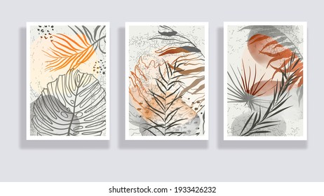  Trendy Set Of Watercolor Minimalist Abstract Illustrations. Minimal Botanical Wall Art. Mid Century Modern Graphic. Plant Art Design For Social Media, Blog Post, Print, Cover, Wallpaper. Vector