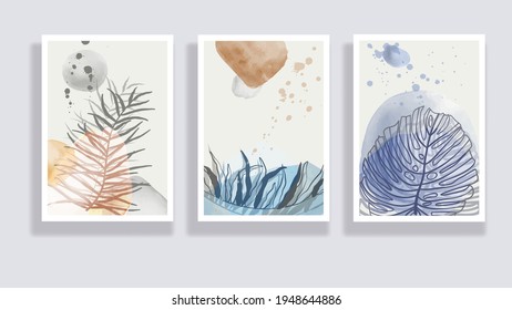 Trendy set of watercolor minimalist abstract illustrations. Minimal botanical wall art. Mid century modern graphic. Plant art design for social media, blog post, print, cover, wallpaper. Vector