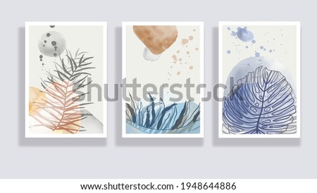 Trendy set of watercolor minimalist abstract illustrations. Minimal botanical wall art. Mid century modern graphic. Plant art design for social media, blog post, print, cover, wallpaper. Vector