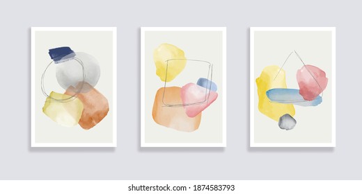  Trendy set of watercolor minimalistic abstract hand painted illustrations. Abstract compositions doodles various shapes. Great for design wall decoration, postcard or brochure cover design. Vector
