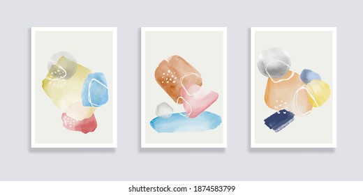  Trendy set of watercolor minimalistic abstract hand painted illustrations. Abstract compositions doodles various shapes. Great for design wall decoration, postcard or brochure cover design. Vector