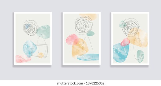  Trendy set of watercolor minimalistic abstract hand painted illustrations. Abstract compositions doodles various shapes. Great for design wall decoration, postcard or brochure cover design. Vector