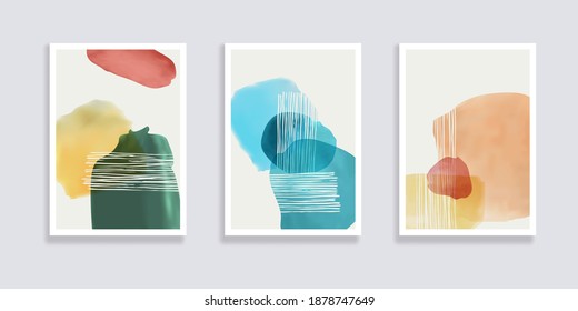  Trendy set of watercolor minimalistic abstract hand painted illustrations. Abstract compositions doodles various shapes. Great for design wall decoration, postcard or brochure cover design. Vector