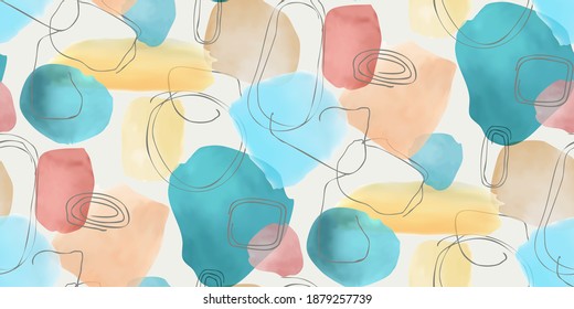 
Trendy set of watercolor minimalistic abstract hand painted illustrations. Seamless pattern of abstract doodles various shapes. Great for design wall decoration, fabric, wallpaper, wrapping paper. Ve