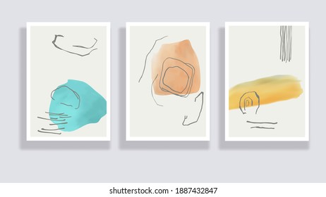Trendy set of watercolor minimalistic abstract hand painted illustrations. Abstract compositions doodles various shapes. Great for design wall decoration, postcard or brochure cover design. Vector