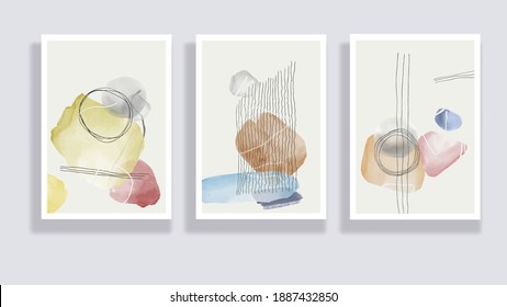 Trendy set of watercolor minimalistic abstract hand painted illustrations. Abstract compositions doodles various shapes. Great for design wall decoration, postcard or brochure cover design. Vector