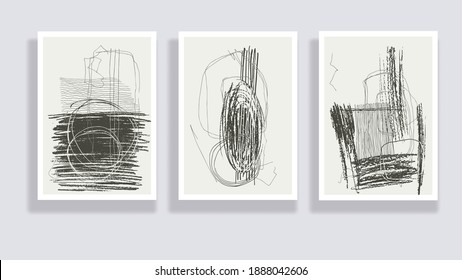 Trendy set of watercolor minimalistic abstract hand painted illustrations. Abstract compositions doodles various shapes. Great for design wall decoration, postcard or brochure cover design. Vector