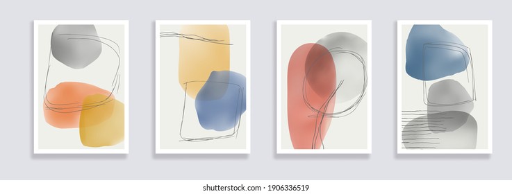 Trendy set of watercolor minimalistic abstract hand painted illustrations. Abstract compositions doodles various shapes. Great for design wall decoration, postcard or brochure cover design. Vector