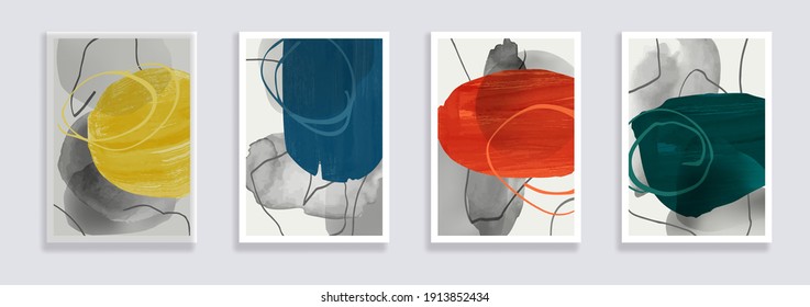 Trendy set of watercolor minimalistic abstract hand painted illustrations. Abstract compositions doodles various shapes. Great for design wall decoration, postcard or brochure cover design. Vector