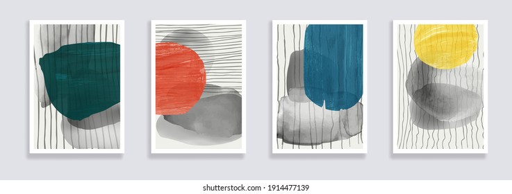 Trendy set of watercolor minimalistic abstract hand painted illustrations. Abstract compositions doodles various shapes. Great for design wall decoration, postcard or brochure cover design. Vector