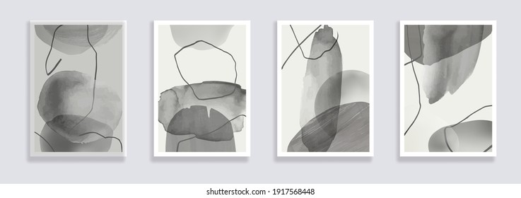 Trendy set of watercolor minimalistic abstract hand painted illustrations. Abstract compositions doodles various shapes. Great for design wall decoration, postcard or brochure cover design. Vector