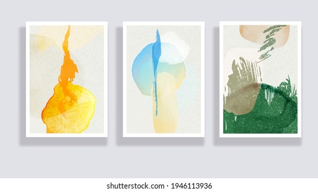  Trendy set of watercolor minimalistic abstract hand painted illustrations. Abstract compositions doodles various shapes. Great for design wall decoration, postcard or brochure cover design. Vector