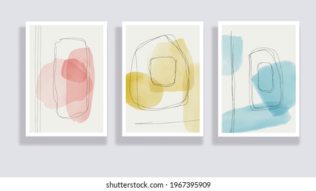 Trendy set of watercolor minimalistic abstract hand painted illustrations. Abstract compositions doodles various shapes. Great for design wall decoration, postcard or brochure cover design. Vector