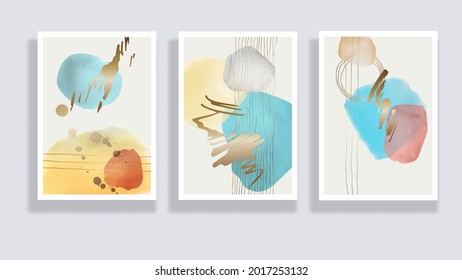  Trendy set of watercolor minimalistic abstract hand painted illustrations. Abstract compositions doodles various shapes. Great for design wall decoration, postcard or brochure cover design. Vector