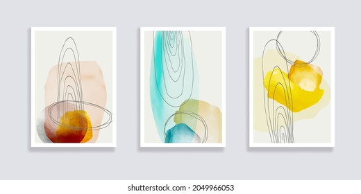 Trendy set of watercolor minimalistic abstract hand painted illustrations. Abstract compositions doodles various shapes. Great for design wall decoration, postcard or brochure cover design. Vector