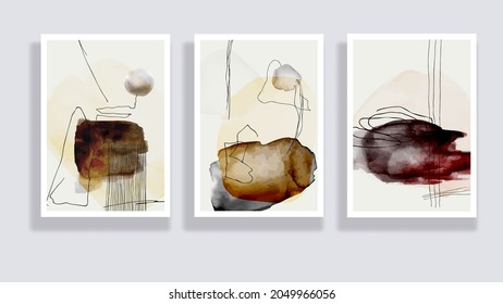 Trendy set of watercolor minimalistic abstract hand painted illustrations. Abstract compositions doodles various shapes. Great for design wall decoration, postcard or brochure cover design. Vector