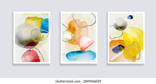 Trendy set of watercolor minimalistic abstract hand painted illustrations. Abstract compositions doodles various shapes. Great for design wall decoration, postcard or brochure cover design. Vector