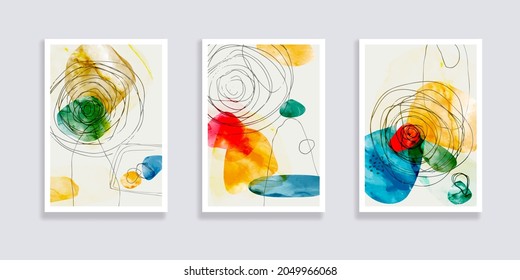 Trendy set of watercolor minimalistic abstract hand painted illustrations. Abstract compositions doodles various shapes. Great for design wall decoration, postcard or brochure cover design. Vector