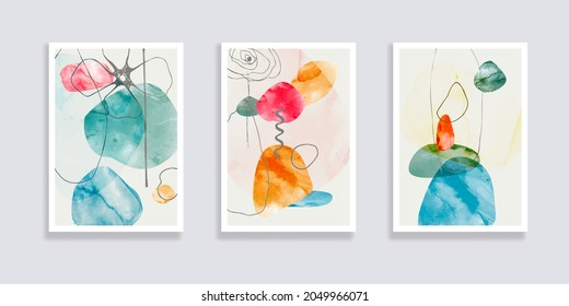 Trendy set of watercolor minimalistic abstract hand painted illustrations. Abstract compositions doodles various shapes. Great for design wall decoration, postcard or brochure cover design. Vector