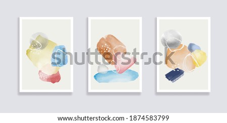  Trendy set of watercolor minimalistic abstract hand painted illustrations. Abstract compositions doodles various shapes. Great for design wall decoration, postcard or brochure cover design. Vector