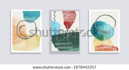  Trendy set of watercolor minimalistic abstract hand painted illustrations. Abstract compositions doodles various shapes. Great for design wall decoration, postcard or brochure cover design. Vector