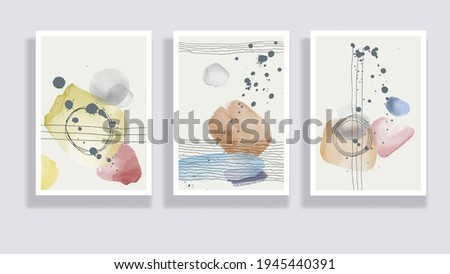 Trendy set of watercolor minimalistic abstract hand painted illustrations. Abstract compositions doodles various shapes. Great for design wall decoration, postcard or brochure cover design. Vector