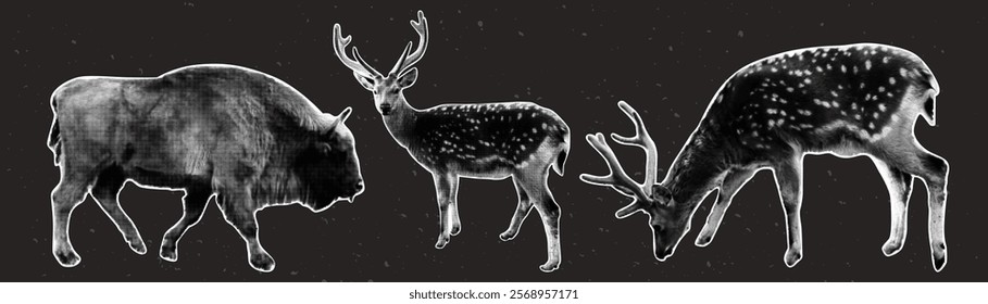 Trendy set of wild animals. Deer, bison. Vintage halftone effect. Y2k collage design