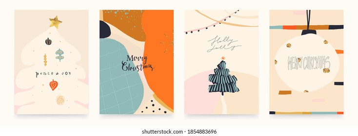 Trendy set of winter holidays greeting cards. Contemporary modern hand drawn vector illustration. 