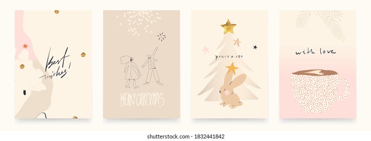 Trendy set of winter holidays Merry Christmas greeting cards. Contemporary modern hand drawn vector illustration. 