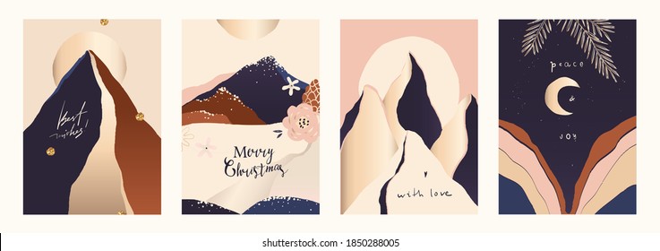 Trendy set of winter holidays Merry Christmas greeting cards. Contemporary modern hand drawn vector illustration. 