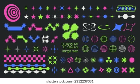 Trendy set of Y2k elements for graphic design. Geometric brutalism shapes, memphis graphic elements. Star shapes, symbols and metaballs in y2k style.