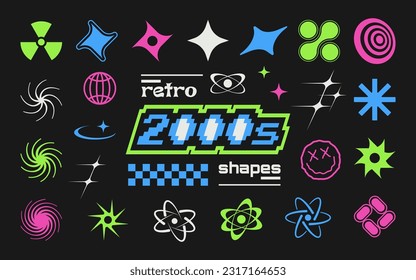 Trendy set of Y2k elements for graphic design. Geometric brutalism shapes, memphis graphic elements. Star shapes, science and danger symbols and metaballs in y2k style.