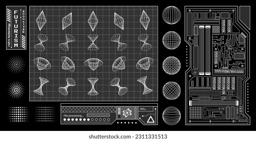 Conjunto de moda de elementos de futurismo retro Y2K, modelos de alambre 3d, detalles tecnológicos, ventanas, formas de diseño gráfico dimensional.