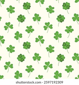 Trendy shamrock clover green leaves seamless pattern hand drawn vector illustration. Irish holiday celtic St Patrick day seamless pattern for backgrounds, wallpapers and wrapping papers