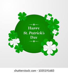 Trendy Shamrock Round frame with white and green cut-out paper 3d stylized leaf clover on white background. Greeting or invitation card for St. Patrick's day with place for text. Vector illustration