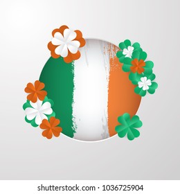 Trendy Shamrock Round frame with white, green and orange cut-out paper shape 3d stylized leaf clover on white background. 